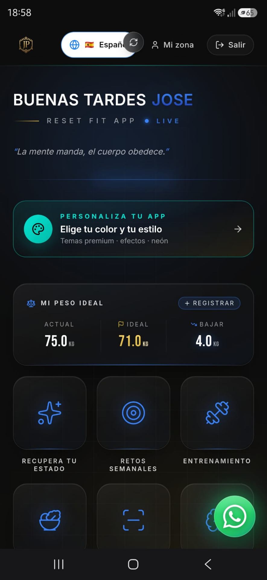 RESET FIT App — pantalla 1